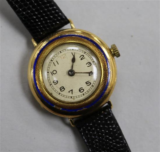A ladys early 20th century 18ct gold and enamel manual wind wrist watch (enamel a.f.).